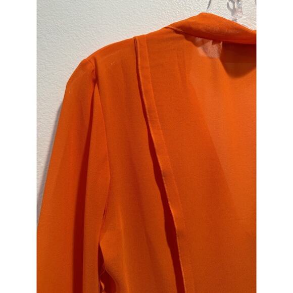 WEEKDAY Willow Chiffon Blouse Bright Orange Sheer Tie Front Resort Top Travel - Picture 6 of 12